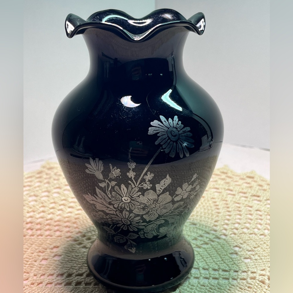 Vintage 1930s Black Amethyst Glass Vase w/ Sterling Silver Floral Overlay